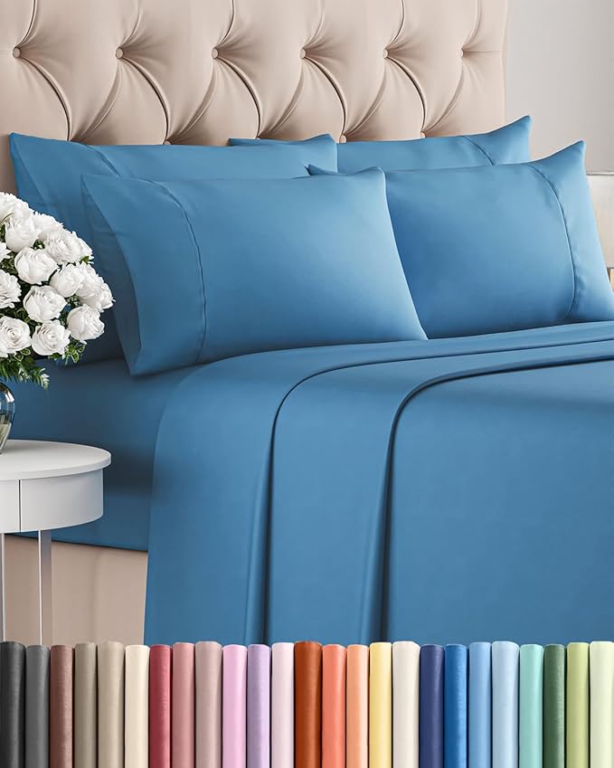 Cal King 6 Piece Bed Sheet Set - Breathable & Cooling Sheets - Denim Blue | Ultra-Soft Hotel Luxury Bedding Set with 8-16 Inch Deep Pockets, 1 Flat & 1 Fitted Sheet & 4 Pillowcases, Wrinkle & Fade Free