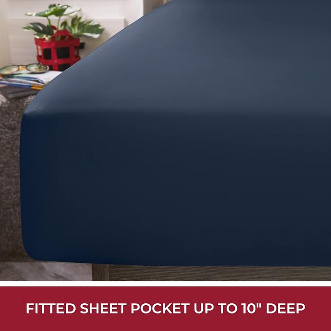 Mellanni RV Short Queen Sheets - 4 PC Iconic Collection Bedding | Hotel Luxury, Extra Soft, Cooling Bed Sheets - Deep Pocket up to 10 inch (RV/Short Queen, Navy Blue)