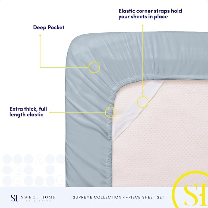 1800 Supreme Collection - Breathable Luxury Full Size Sheet Set with Full Elastic & Secure Corner Straps Built In, Extra Soft Deep Pocket Bedding, Misty Blue