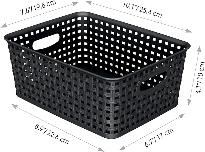 WYT 12-Pack Plastic Small Shelf Storage Weave Baskets for Organizing, Black
