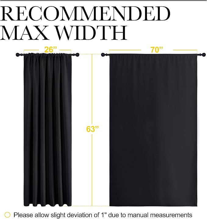 NICETOWN Black Blackout Curtains for Bedroom 70" Wide x 63" Long 2 Panels | Blackout Curtain Blinds Solid Thermal Insulated Window Treatment Blackout Drapes for Window, Room Darkening Home Decor