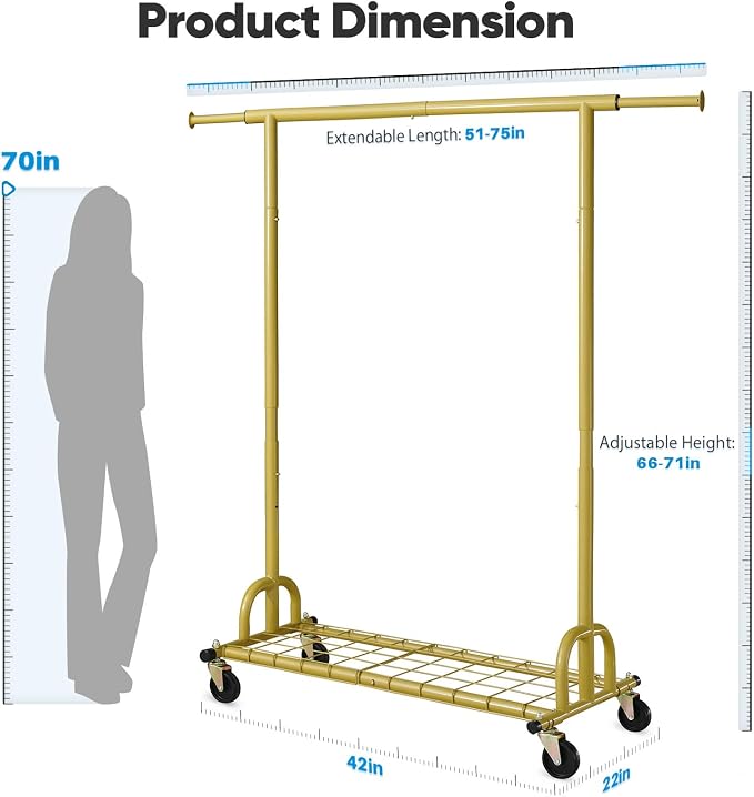 HOKEEPER Clothing Rack Gold Clothes Rack Heavy Duty Garment Rack for Hanging Clothes 525LBS Commercial Clothing Racks with Wheels for Bedroom, Laundry, Balcony, Living Room 22" D x 75" W x 71" H | Adjustable Garment Rack Easy Assemble Commercial Clothi...