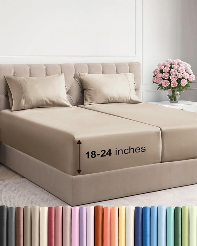 Extra Deep Split King Sheet Set - 5 Piece Breathable Cooling Sheets - Cream | Easily Fits 18 to 24 inch Mattress - Ultra Soft, Wrinkle & Fade Free with Extra Deep Pockets - Comfy Hotel Luxury Bedding