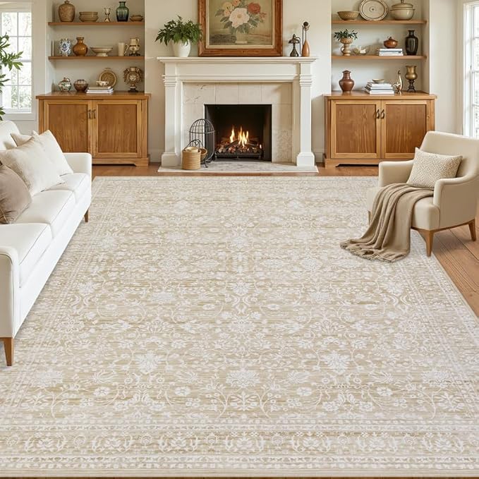 8x10 Area Rugs Living Room: Bedroom Washable Carpet Natural Beige | Large Vintage Boho Indoor Decor Carpets Soft Nursery Farmhouse Dining Room Office Floor Non-Slip Low Pile Under Table Rug