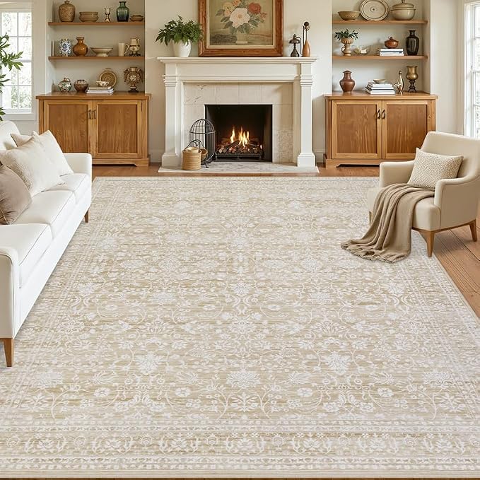 10x14 Area Rugs Living Room: Bedroom Washable Carpet Natural Beige | Large Vintage Boho Indoor Decor Carpets Soft Nursery Farmhouse Dining Room Office Floor Non-Slip Low Pile Under Table Rug