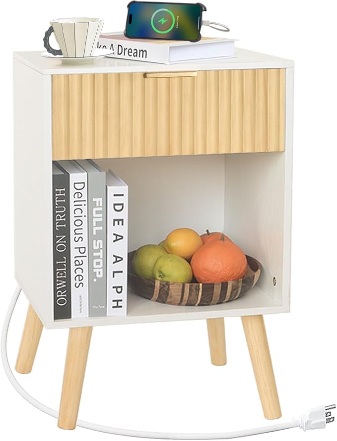 Fultyle Night Stand with Charger Station, Modern Wood Nightstand with Drawer and Outlet, Fluted Bedside Table End Table with Solid Wood Legs for Bedroom, Living Room, Office (White Oak)