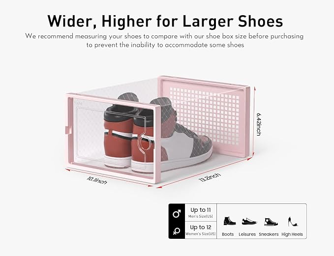 Kuject X-Large Shoe Storage Boxes 12 Pack, Clear Stackable Shoe Organizer | Shoe Case for Closet, Entryway & Under-Bed Storage, Drop-Front Design, Space-Saving Solution for Family Organization,Pink