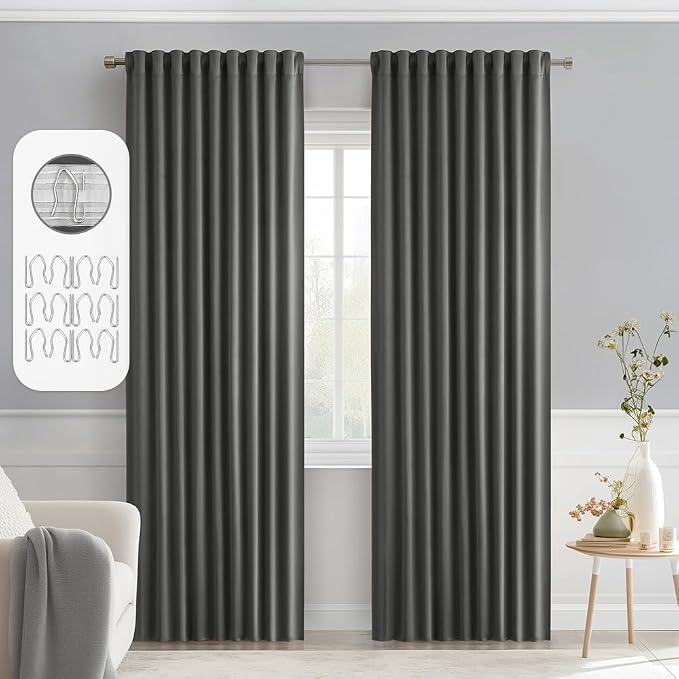 MIULEE Grey Back Tab Blackout Curtains 52x90 Inch Long 2 Panels Set | Rod Pocket Pinch Pleated, Thermal Insulated, Room Darkening, Light Blocking, Privacy Curtains for Living Room Bedroom