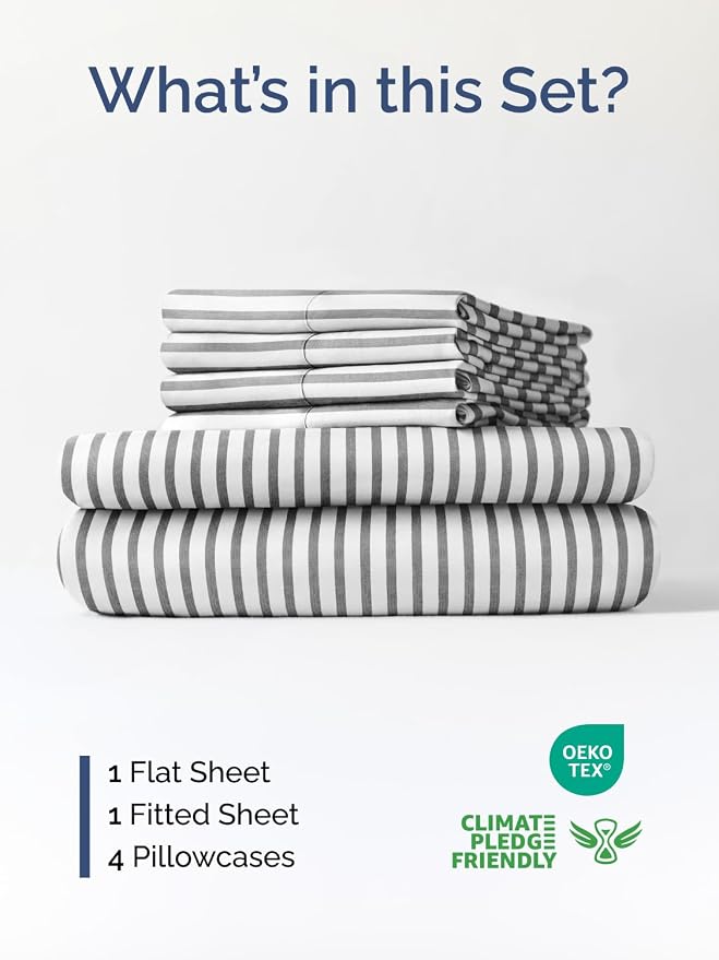 Extra Deep King Sheet Set - 6 Piece Breathable & Cooling - Grey Stripes | Hotel Luxury Bed Sheets Set, Easy & Secure Fit, Ultra-Soft, Wrinkle & Fade Free, Comfy Sheets Set with Extra Deep Pockets