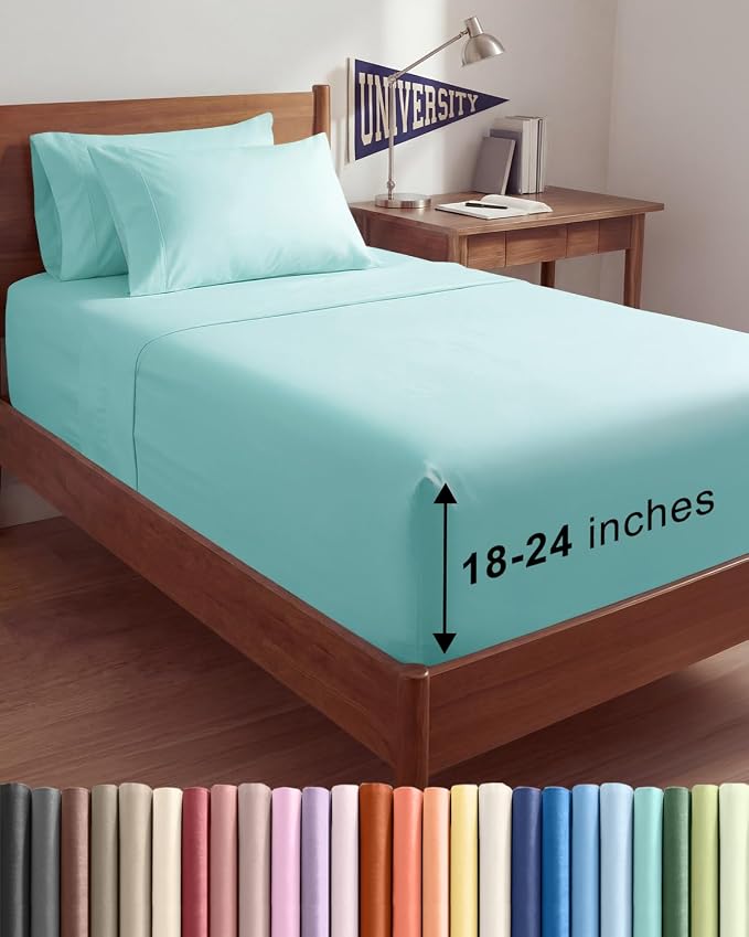 Extra Deep Twin XL Sheet Set - 4 Piece College Dorm Room - Spa Blue | College Dorm Room Essentials, Easy & Secure Fit, Ultra-Soft, Wrinkle & Fade Free, Comfy Sheets Set with Extra Deep Pockets
