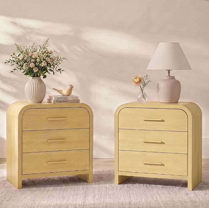 Night Stand Set of 2 [Unique Curved Profile] [FSC-Certified Wooden Board] 3-Drawer Nightstand 26.7" H Metal Handle Modern Sturdy Bedside Table Side Table End Table | [Curved Profile] [FSC-Certified Wooden Board] Nightstand 26.7"H Metal Handle Modern Be...