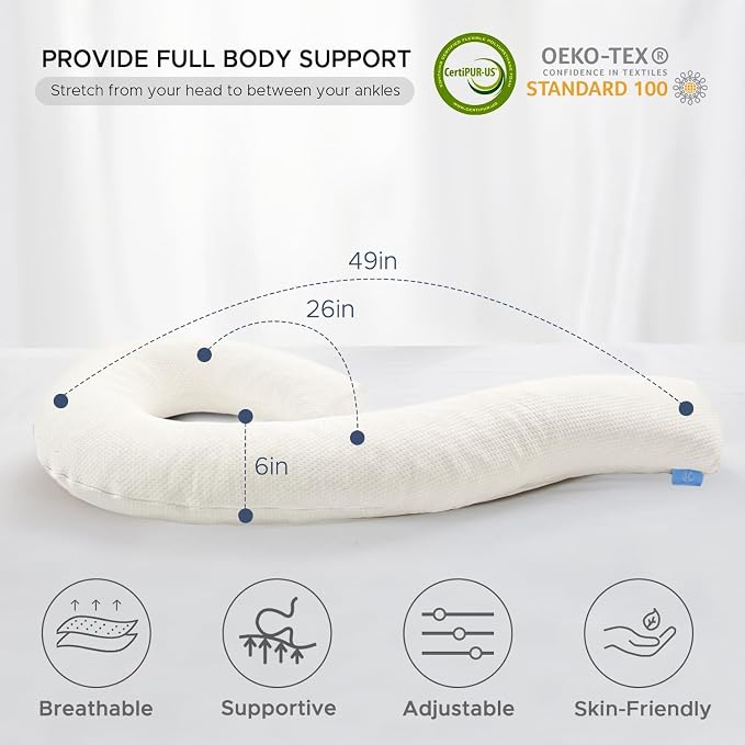 Body Pillow for Adults, Swan Pillow Insert for Sleeping, Beige, 49 Inch | Side Sleeper Pregnancy Bed Pillow, Soft Fabric, Shredded Memory Foam and Removable Washable Cover