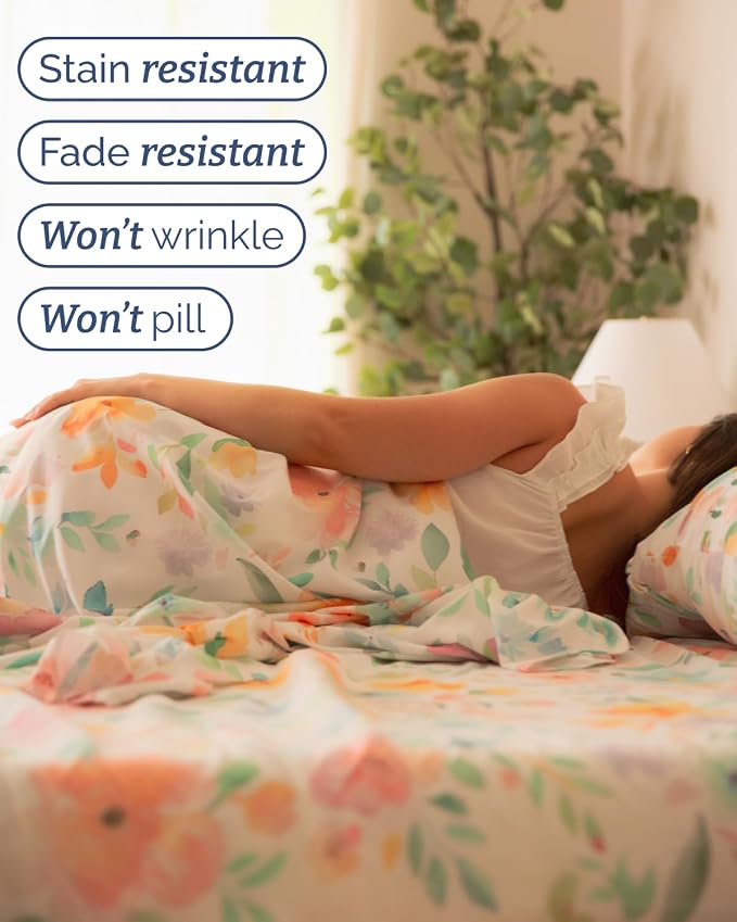 Full 4 Piece Floral Sheet Set - Soft, Breathable & Cooling - Blush Blossom | 1 Flat, 1 Fitted & 2 Pillowcases w/ Deep Pockets, Boho Botanical Floral Bedding, Breathable & Cooling, Wrinkle & Fade Free