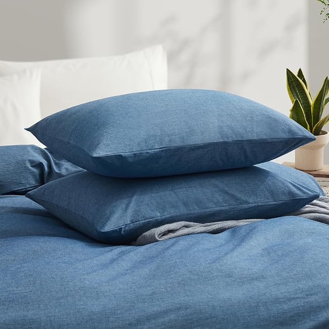 LOVQUE 100% Washed Cotton Duvet Cover, Denim Blue, King Size, 104x90 Inches | Breathable, Linen-like, Natural Bedding Set with Zipper Closure, Corner Ties, 1 Cover + 2 Pillowcases, No Comforter