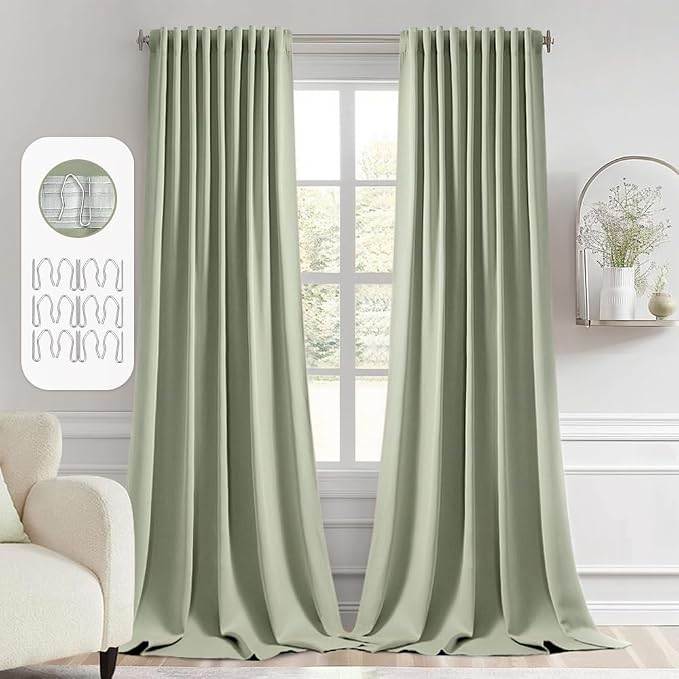 MIULEE Sage Green Back Tab Blackout Curtains 52x108 Inch Long 2 Panels Set | Rod Pocket Pinch Pleated, Thermal Insulated, Bedroom Living Room Darkening Privacy Drapes, Extra Long Light Blocking Curtains