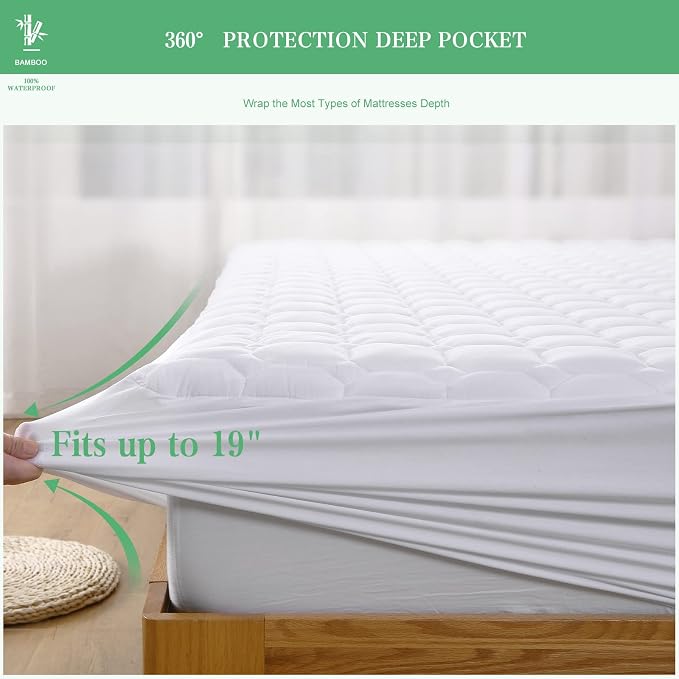 UNILIBRA Full Mattress Protector Waterproof Rayon from Bamboo, Deep Pocket Mattress Pad Cover Fit up to 6''- 19'', Breathable Soft Filling Quilted Fitted Mattress Topper