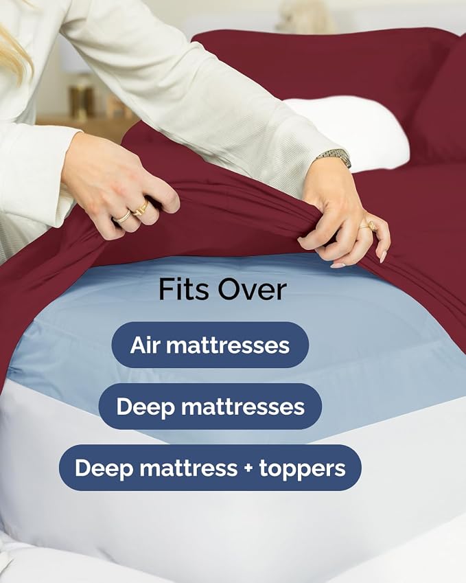 Extra Deep Flex Top Split Head King Sheet Set - 6 Piece Breathable and Cooling Sheets - Hotel Luxury Bedding for Women, Men, Kids & Teens - Easy Secure Fit - Extra Deep Pockets - Burgundy