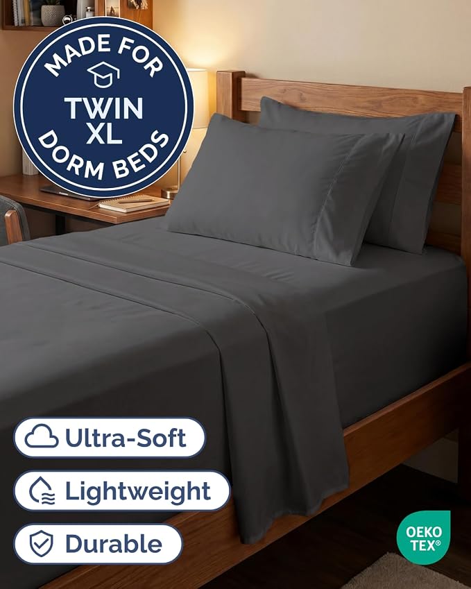 Extra Deep Twin XL Sheet Set - 4 Piece College Dorm Room - Grey | College Dorm Room Essentials, Easy & Secure Fit, Ultra-Soft, Wrinkle & Fade Free, Comfy Sheets Set with Extra Deep Pockets