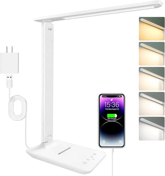 White crown LED Desk Lamp with 15W Wireless Charger & USB Port, Dimmable Table Lamp with 5 Lighting Modes, Sensitive Touch Control, Foldable & Portable Desk Light for Home, Office, Bedroom, Reading