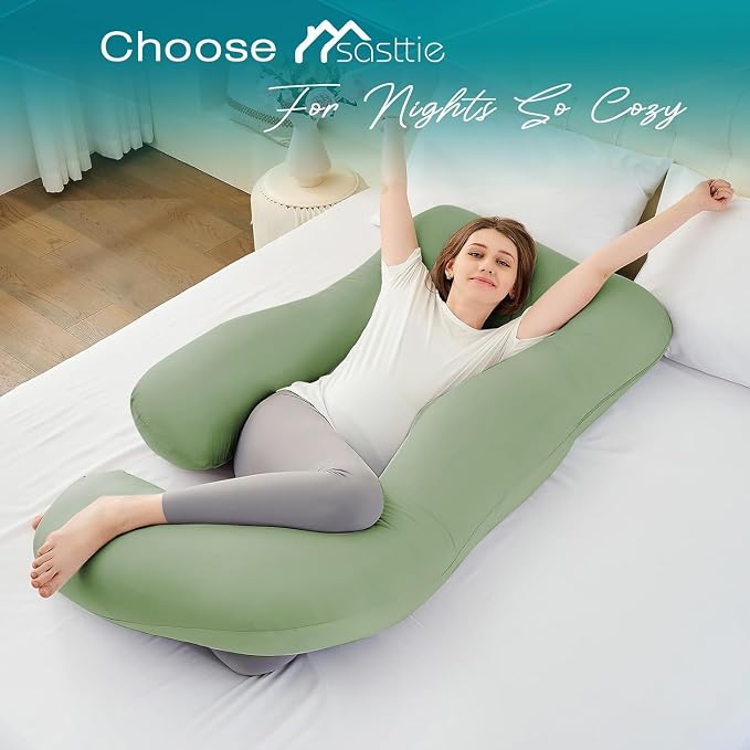 Cooling Pregnancy Pillows for Sleeping, 65'' Full Body Pillow, Green | Sasttie Maternity Pillow, OEKO-TEX, Down Alternative, Removable Cover, Pregnant Women Must Haves, Maternity Essential