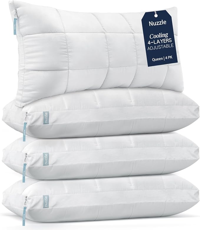 Nuzzle Pillow Adjustable Neck Pillows Queen Size Set of 4,Soft Hotel Feel | Bed Pillows Queen Set of 4 with Adjustable Height for Side, Back and Stomach Sleepers–Gift for Women & Men