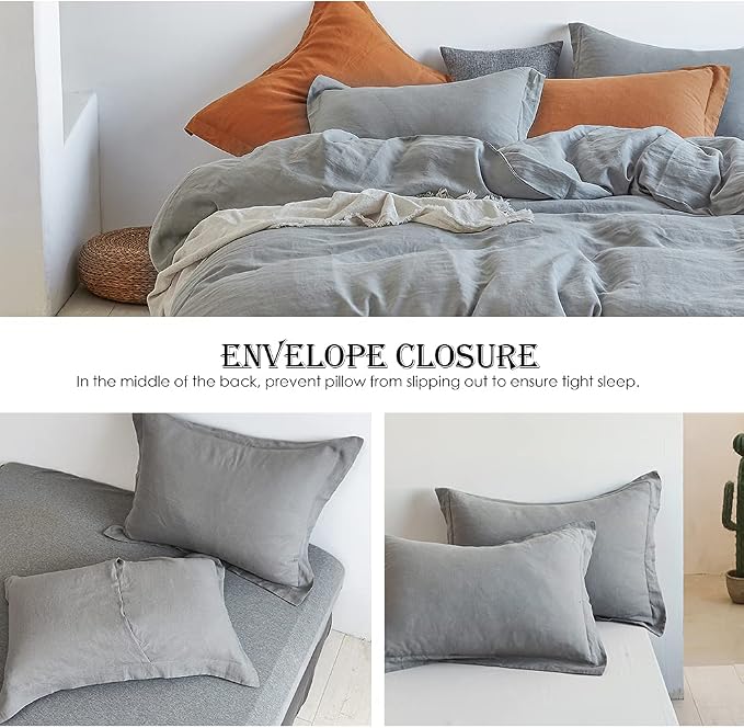 Simple&Opulence 100% Linen Duvet Cover Set 3pcs Basic Style Natural French Washed Flax Solid Color Soft Breathable Farmhouse Bedding with Button Closure - Ultimate Grey, King