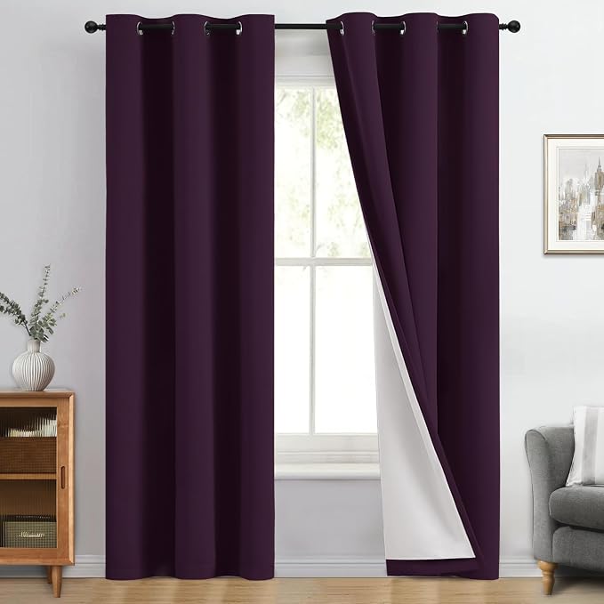 Yakamok Dark Purple 100% Blackout Curtains 84 Inches Long 40" Wide 2 Panels | Blackout Curtain Panels for Bedroom, 2 Thick Layers Grommet Top Thermal Insulated Drapes with White Back for Living Room