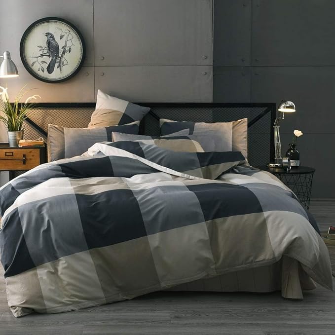 LifeTB Queen Comforter Set Fluffy Plaid Checkered Pattern Modern Style Geometric Comforter with 2 Pillow Shams Grid Plaid Bedding Comforter for Boys Men All Season Queen Size Bed Comforter Set