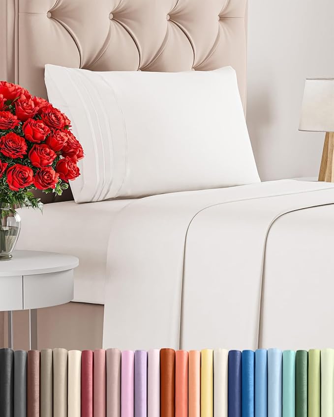 Twin Size 3 Piece Sheet Set - Breathable & Cooling Sheets - Antique White | Hotel Luxury Bed Sheets for Women & Men, Deep Pockets, Easy-Fit, Extra Soft and Wrinkle Free Sheets, Oeko-Tex Bed Sheet Set