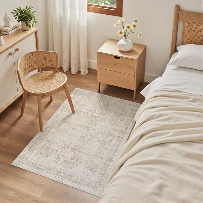 Washable Area Rugs 2x3: Neutral Living Room Bedroom Carpet Brown | Vintage Boho Soft Small Indoor Decor Floor Non-Slip Low Pile Neutral Farmhouse Entryway Laundry Bathroom Bedroom Beside Rugs