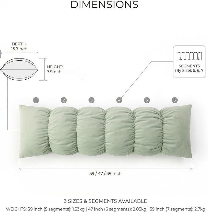 Pat. Pend. Segmented Long Bed Pillow, 47 Inch, Celadon Green | Body pillow for adults and side sleepers with a removable, washable soft velvet cover; segmented design for bed use.