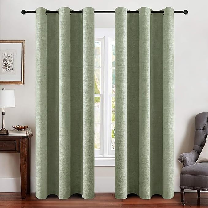 MIULEE 100% Blackout Linen Curtains for Bedroom 42x90 Inches Sage Green | Room Darkening, Light Blocking, Thermal Insulated, Grommet Top, Linen Textured, Window Curtains for Living Room, 2 Panels