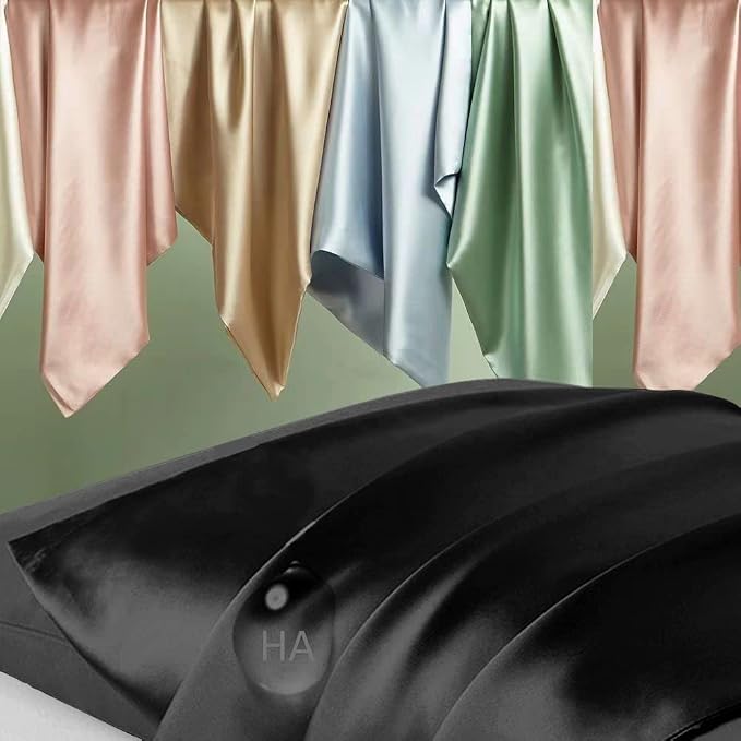 Silk Pillow Cases 2 Pack, Mulberry Silk Pillowcases Standard Set of 2, Smooth, Anti Acne, Both Sides Natural Silk Satin Pillow Cases for Sleeping Women 2 Pack with Zipper, Black
