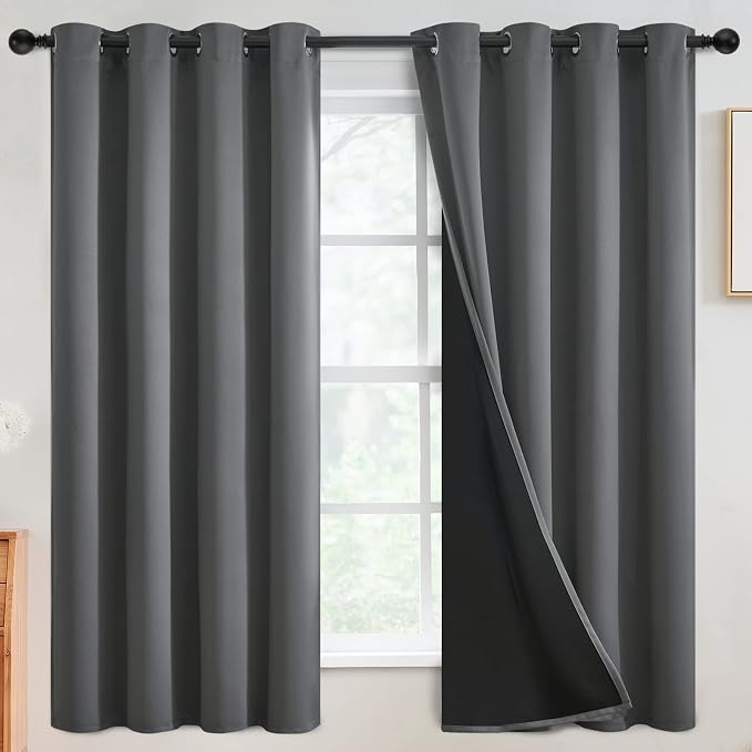 SimpleHome Grey 100% Blackout Curtains Room Darkening Living Room 63 Inch | Curtains for Bedroom,Thermal Insulated Grommet Window Drapes,Curtains for Living Room with Black Back,52 x 63 Inch,2 Panels