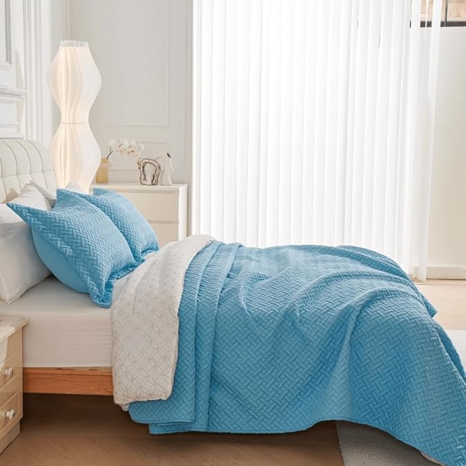 Legacy Decor Bedspread Coverlet 3 Pcs Set Oversized 118" W x 106" L King Size Blue Color