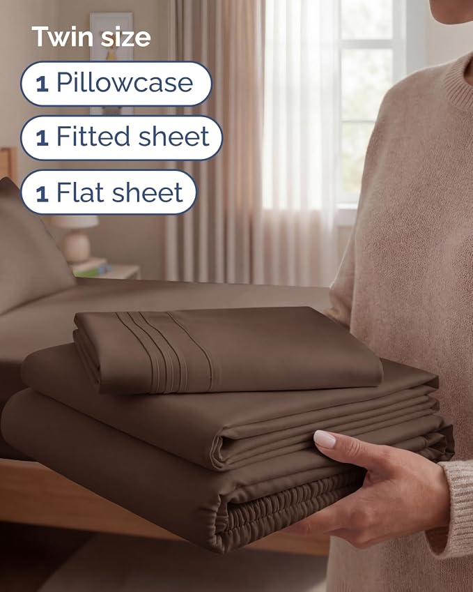 Twin Size 3 Piece Sheet Set - Comfy Breathable & Cooling Sheets - Brown | Hotel Luxury Bed Sheets for Women & Men, Deep Pockets, Easy-Fit, Extra Soft and Wrinkle Free Sheets, Oeko-Tex Bed Sheet Set