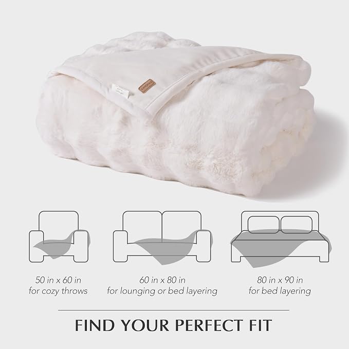 EverGrace Faux Rabbit Fur Bubble Throw Blanket, 50"x60", Ivory White | Ultra Soft, Luxury Faux Rabbit Fur Throw, Thick Warm Bubble Blanket, Cozy Fluffy Reversible, for Bed, Couch, Chair, Sofa