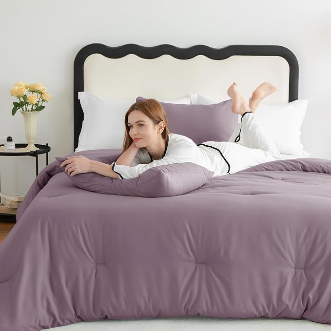 Oversized Queen Comforter Set 3 Pieces Dusty Purple Quilted Bedding | 270 GSM Down Alternative Fill, 4 Corner Ties for Duvet Insert Use, All Season, OEKO-TEX Certified, 2 Pillowcases, 98 x 98 in