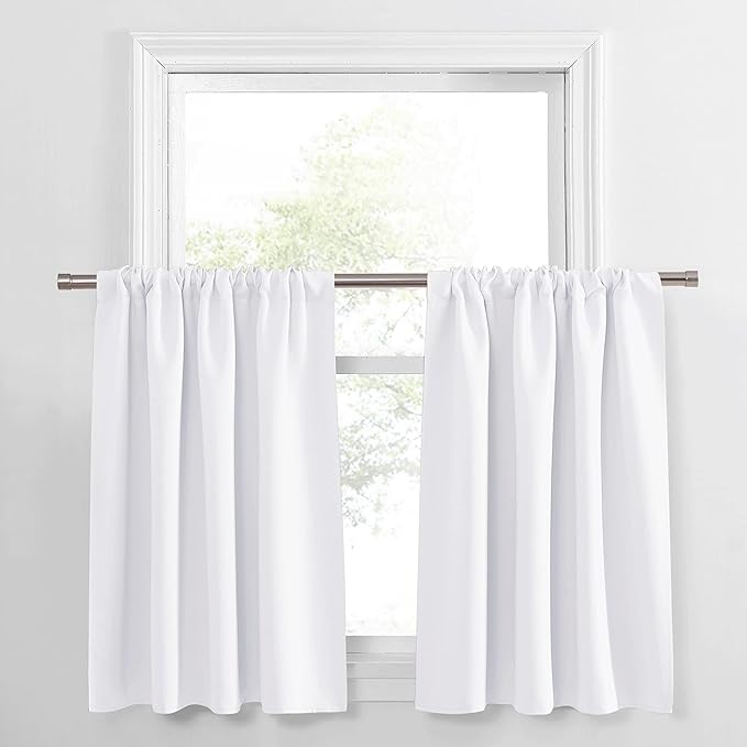 PONY DANCE Window Curtain Valances - Rod Pocket Drapes Set Thermal Insulated Curtain Panels Noise Reducing Window Treatment for Kitchen, 34 W x 36 L inch, Pure White, 2 PCs