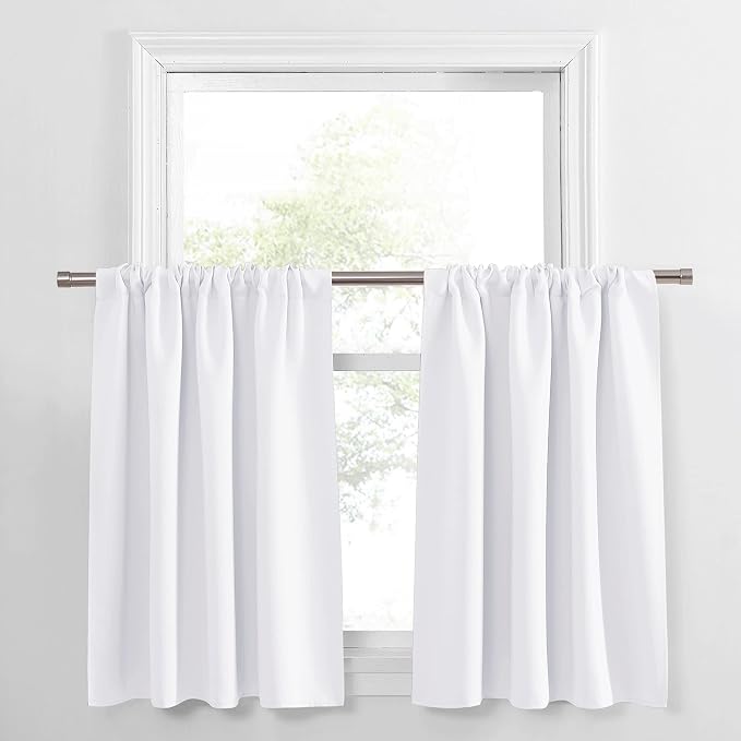PONY DANCE Short Curtains for Bathroom - Solid Light Block Drapes for Bedroom, RV Curtains for Camper Windows,Cafe Window Decor, W 34 x L 24, Pure White, 1 Pair