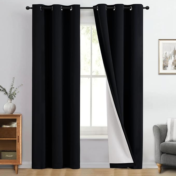 Yakamok Black 100% Blackout Curtains 84 Inches Long for Bedroom 40" Wide | Blackout Curtain Panels for Bedroom, 2 Thick Layers Grommet Top Thermal Insulated Drapes with White Back for Living Room
