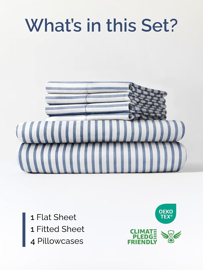 Extra Deep Cal King Sheet Set - 6 Piece Breathable & Cooling - Blue Stripes | Hotel Luxury Bed Sheets Set, Easy & Secure Fit, Ultra-Soft, Wrinkle & Fade Free, Comfy Sheets Set with Extra Deep Pockets