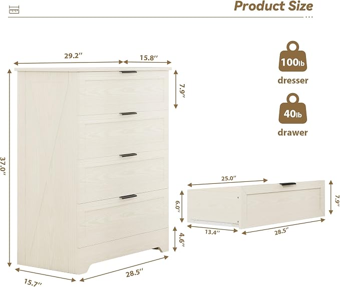 4 Closet Dresser, Farmhouse Dressers & Chests of Drawers, Light Oak | Wooden Storage Cabinet with Large Storage, Tall Dresser and Organizer with Anti-Tip Kit for Office, Living Room, Entryway