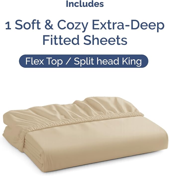 Extra Deep Flex Top Split Head King Fitted Sheet Only - Cream | Easily Fits 18 inch to 24 inch Mattress, Soft, Wrinkle Free, Breathable & Comfy, Extra Deep Pockets Hotel Luxury Fitted Sheet