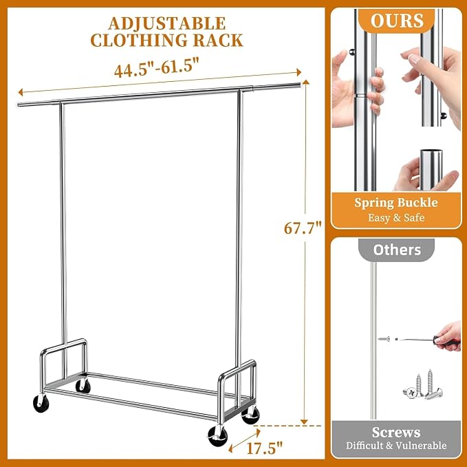 Simple Trending Rolling Clothes Rack, Heavy Duty Garment Rack, Chrome | Metal Clothing Rack, 360° Lockable Wheels, Extendable, Load 500LBS, Bedroom, Laundry Room