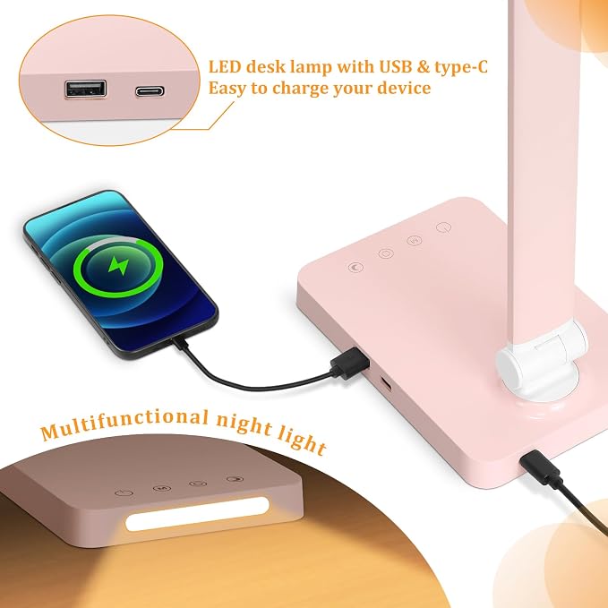 LED Desk Lamp with USB Ports,Touch Desk Lamps for Home Office with 5 Modes | 3 Brightness Desk Light with Small Night Light,Reading Lamp Table Lamp for Bedroom Bedside Study Pink （with adapter）