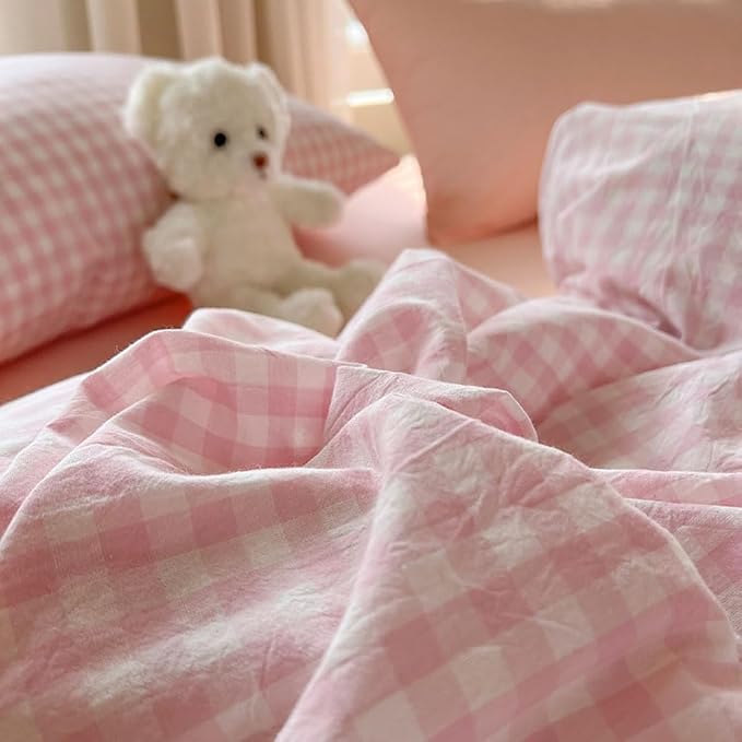 Nayoroom Gingham Duvet Cover Set Queen Pink White Plaid Checkered Bedding | Soft Breathable Washed Microfiber, All-Season Comfort, Hidden Zipper, 4 Corner Ties, Coquette Modern Farmhouse, Dorm Bedding