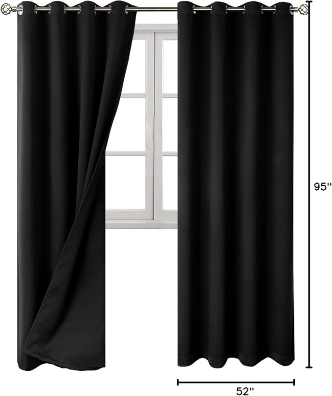 BGment Black Blackout Curtains 95 Inches Long 2 Panels Set for Living Room, Thermal Insulated 100% Light Blocking Curtains & Drapes, Grommet Soundproof Curtains for Bedroom Window, Each 52 Wide