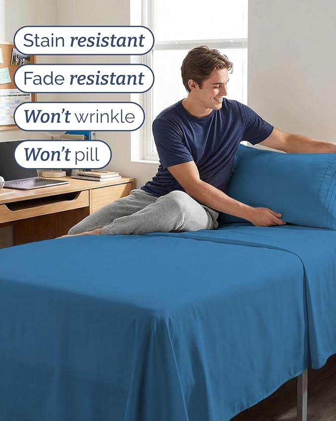 Twin XL 3 Piece Sheet Set - College Dorm Room Essentials - Denim Blue | Deep Pocket Bed Sheets for Women, Men, Teens & Students, Soft, Cooling, Breathable & Wrinkle Free, Oeko-Tex Bed Sheet Set
