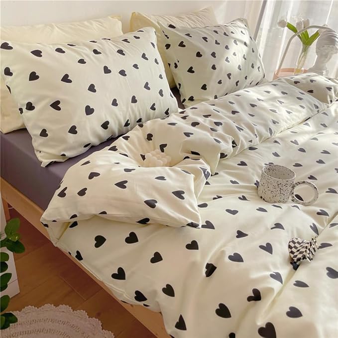 Nayoroom Black and White Heart Duvet Cover Full Size Black Hearts Printed on White Bedding Set 3 Pcs Cute Kawaii Soft Breathable Microfiber Comforter Cover Valentine Gifts for Kids Girls